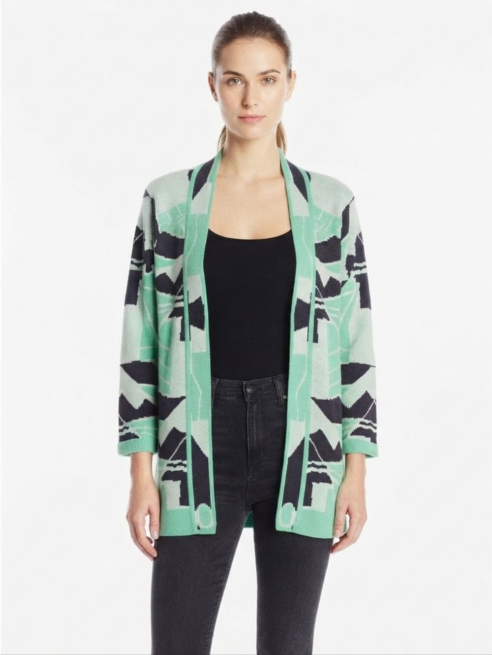 Love By Design Green & Black Tribal Print Medium Length Cardigan